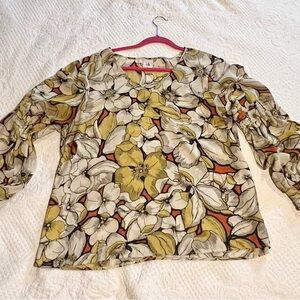 CAbi Yellow and Cream Floral Blouse